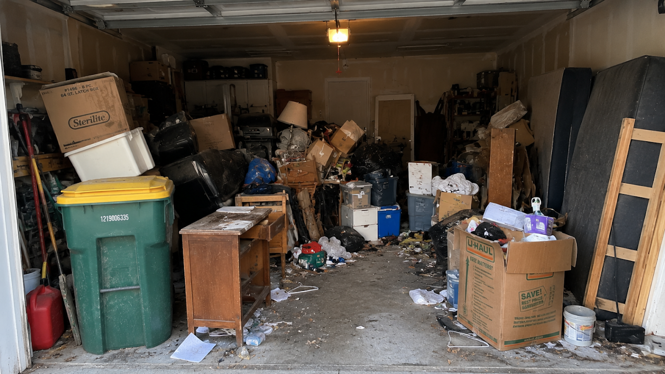 Garage full of junk, boxes, and clutter before a Two Bros junk removal cleanout